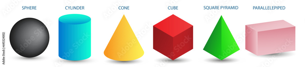 Set of 3d geometric shapes. Isometric views of sphere, cylinder, cone, cube, pyramid and parallelepiped. Vector illustration isolated on white background. Set of 3d geometric shapes. Isometric views of sphere, cylinder, cone, cube, pyramid and parallelepiped. Vector illustration isolated on white background.
