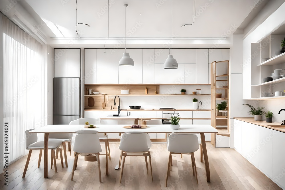 New large modern well designed white kitchen and dining room interior after renovation in studio apartment - obrazy, fototapety, plakaty 