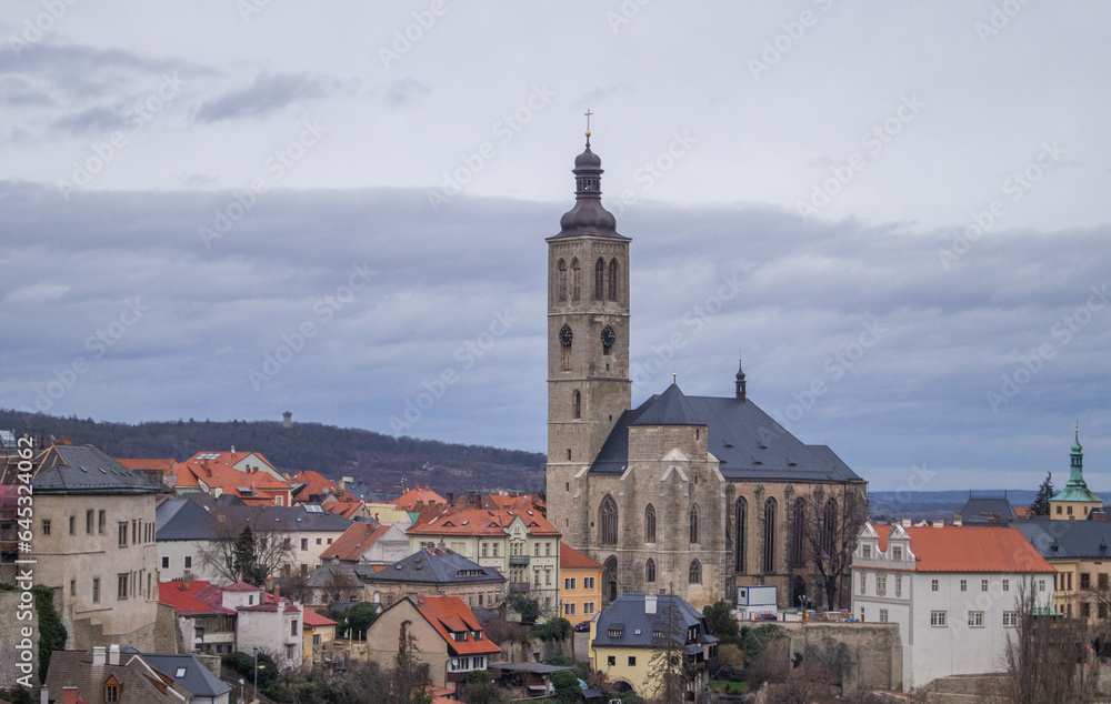 Gloomy day in Czech town called Kutna Hora. Cathedral in Czech republic. Small town in Czechia.