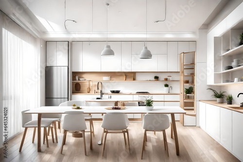 New large modern well designed white kitchen and dining room interior after renovation in studio apartment