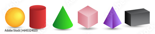 Set of 3d geometric shapes. Isometric views of sphere, cylinder, cone, cube, pyramid and parallelepiped. Vector illustration isolated on white background.