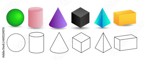 Set of 3d geometric shapes. Isometric views of sphere, cylinder, cone, cube, pyramid and parallelepiped. Vector illustration isolated on white background.