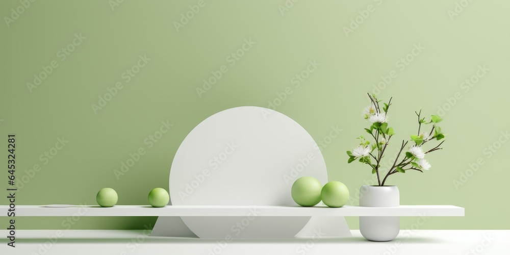 A white shelf with green apples and flowers. Imaginary illustration. Background for beauty product. A white shelf with green apples and flowers. Imaginary illustration. Background for beauty product.