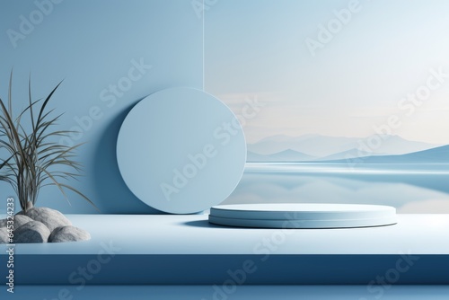 A white platform with a plant on top of it. Imaginary illustration. Product stage  background.