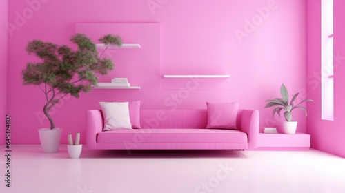 Stylish minimalist interior of modern cozy living room in pastel pink and purple tones. Trendy couch with cushions  wall shelves  exotic plants  creative design details. Mockup  3D rendering.