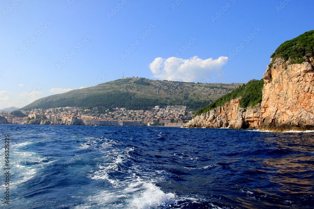 Lokrum island in the Adriatic Sea near Dubrovnik, Croatia. Beautiful blue water of the Adriatic Sea in the foreground