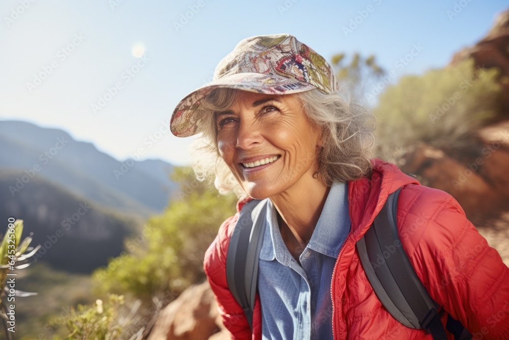 Portrait of mature senior woman hiking on mountains. Concept of travel lifestyle adventure active vacations outdoor and healthy.