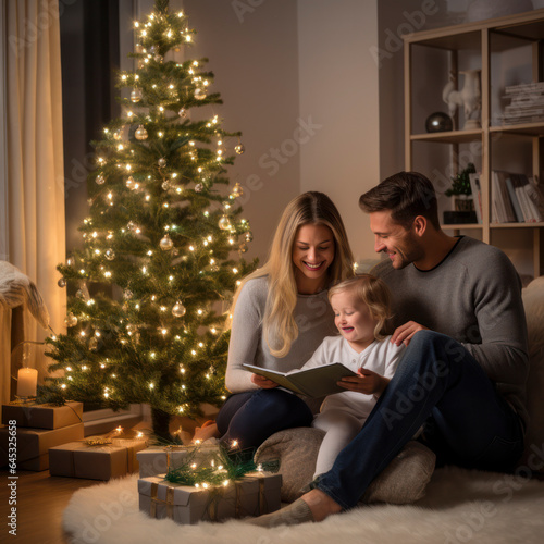 lifestyle photo christmas tree full of lights and family. © mindstorm
