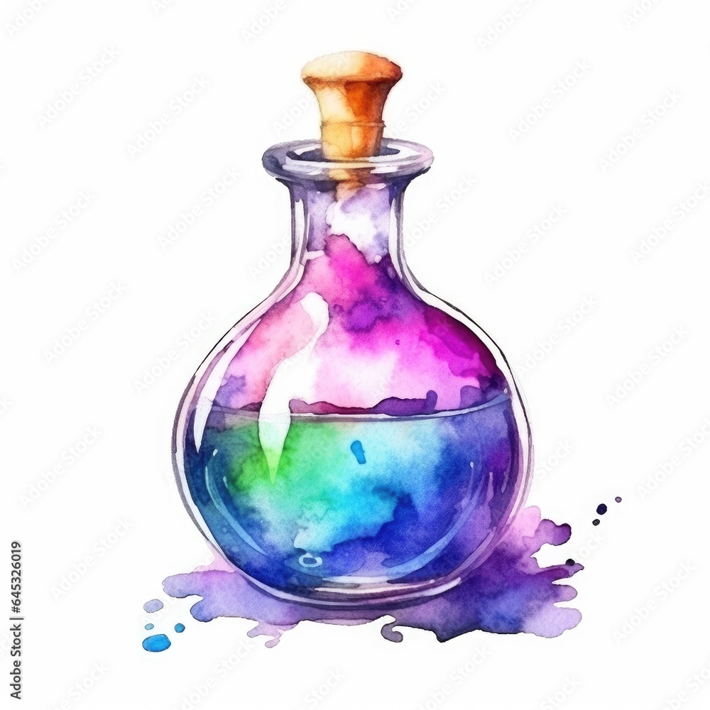 Watercolor magic flask with pink and purple love and poison potion Watercolor magic flask with pink and purple love and poison potion