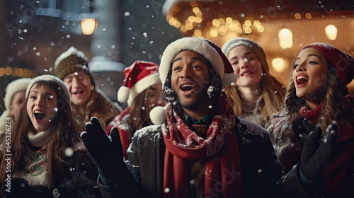 Carol singers in a snowy street, showcasing traditional festive activities