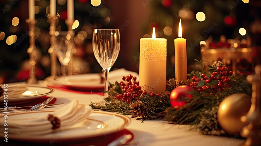Elegant Christmas table setting with candles, holly, and golden cutlery, emphasizing festive elegance