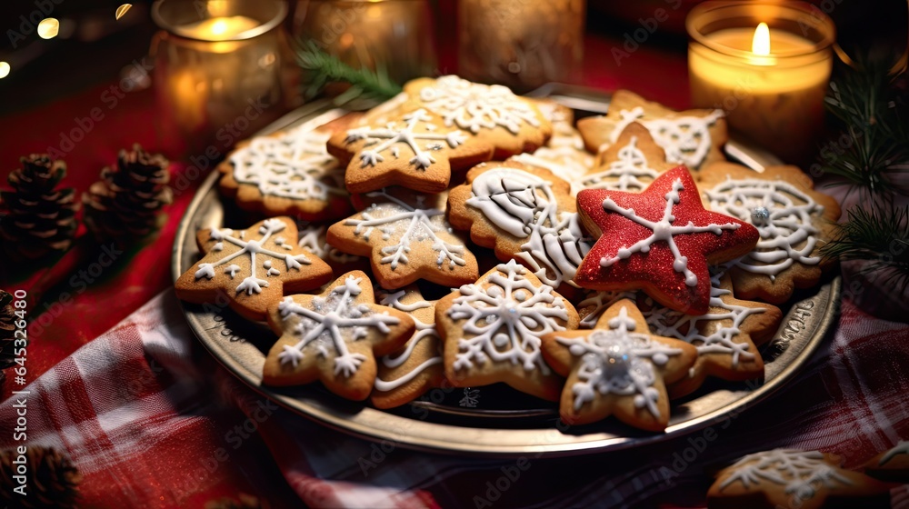 Freshly baked Christmas cookies laid out on a platter, showcasing holiday treats