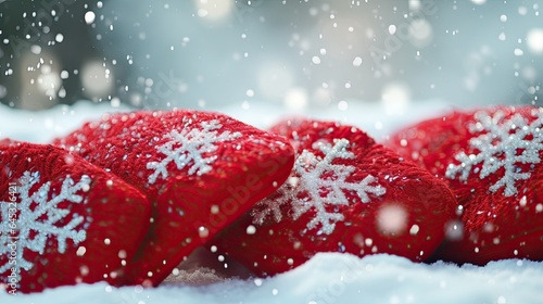 Delicate snowflakes landing on festive red mittens, emphasizing winter's touch