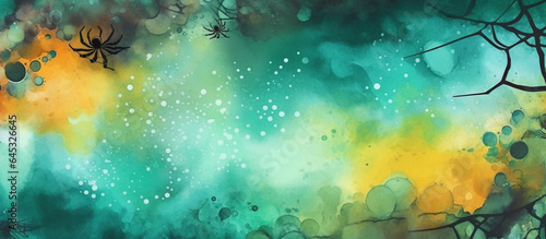 Watercolor green background with spiders. Halloween banner with copy space. Template for design. Generative AI