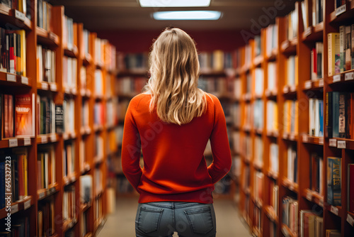 A young blonde girl from the back stands among bookcases in a library (bookstore) and chooses a book