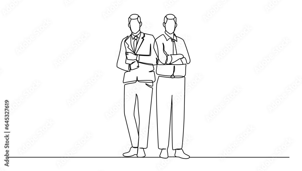 continuos lineart drawing the work team is standing  two people confidently for the business to growth. vector illustration