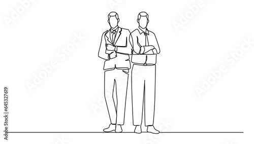 continuos lineart drawing the work team is standing  two people confidently for the business to growth. vector illustration