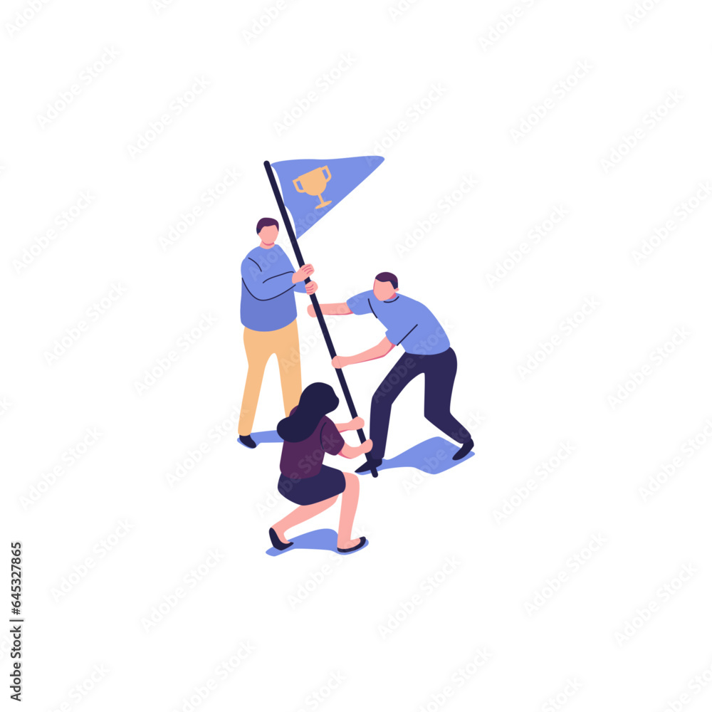 teamwork, goal achievement, flag as a symbol of success and heights vector