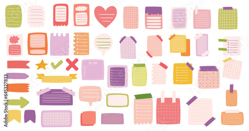 Paper sheets sticker collection for convenient note-taking and important date recording for creative journaling, functional and decorative memo stickers. Cute brught colors