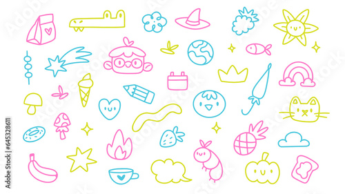 A set of cute hand drawn doodles. Kids line multicoloured drawing. Vector illustration