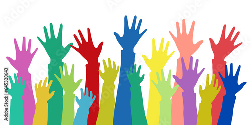 colorful hands raising up. Illustration with different skincolors photo