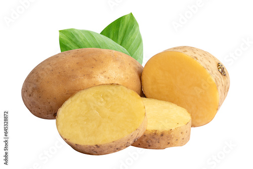 Potato and slice isolate on white background.
