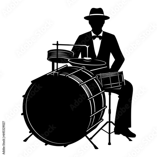 Retro Jazz Drummer Silhouette. Vector clipart isolated on white.