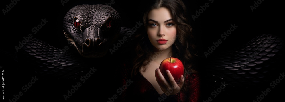 Original Sin Symbolism.  Woman Called Eve Holding a Red Apple, With A Snake Serpent.  Black Background,  Religion.  - obrazy, fototapety, plakaty 