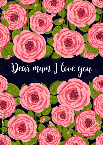 Mother s day greeting card. Seamless pattern with blooming roses. Botanical vector illustration isolated for postcard  poster  ad  decor and other uses. Festive text can be replaced.