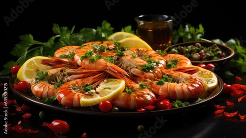 A plate of shrimp with lemon slices and parsley. Fictional image.