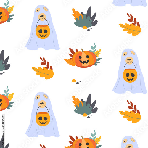 Cute seamless Halloween pattern with a ghost dog and a jack o lantern. Vector Halloween pattern.
