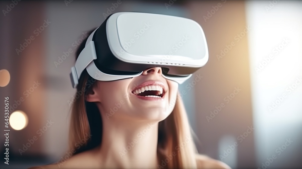 Generative ai, Metaverse concept, young man and woman wearing vr headset smiling playing and watching online at home Generative ai, Metaverse concept, young man and woman wearing vr headset smiling playing and watching online at home
