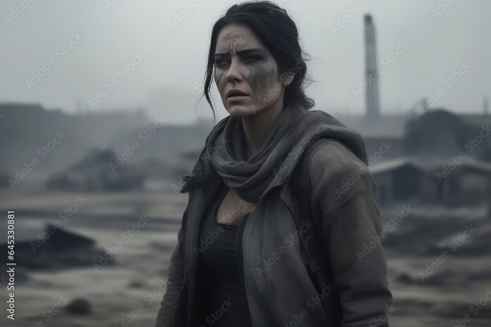 Woman with scars and soot spots on her face. In dirty and worn clothes. Post-apocalyptic wasteland with devastation in the background in muted tones. Generative AI Woman with scars and soot spots on her face. In dirty and worn clothes. Post-apocalyptic wasteland with devastation in the background in muted tones. Generative AI