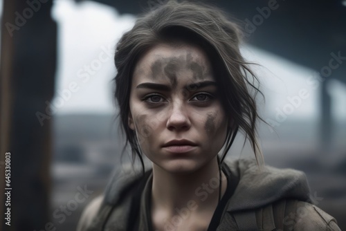 Young woman with scars and soot spots on her face. In dirty and worn clothes. Post-apocalyptic wasteland with devastation in the background in muted tones. Generative AI