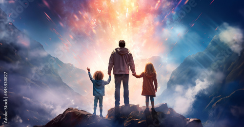 A father and his daughters on top of a hill looking up to sky with vibrant colors story of faith and hope trust in God Generative AI Illustration