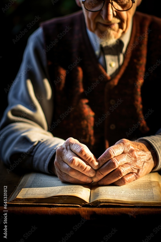 An elderly pastor with his hands on top of a Bible praying and studying the holy scriptures Generative AI Illustration An elderly pastor with his hands on top of a Bible praying and studying the holy scriptures Generative AI Illustration