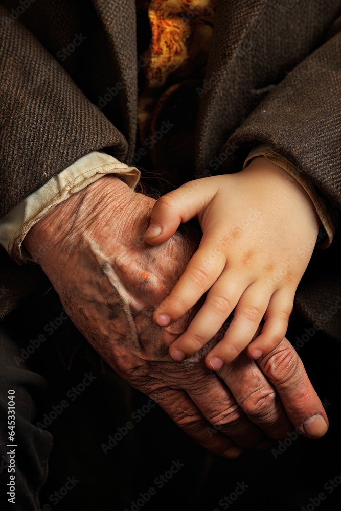 A hand of an experienced elderly man and a hand of a young child meeting of two generations Generative AI Illustration