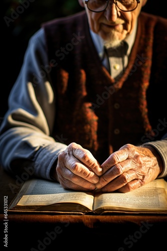 An elderly pastor with his hands on top of a Bible praying and studying the holy scriptures Generative AI Illustration