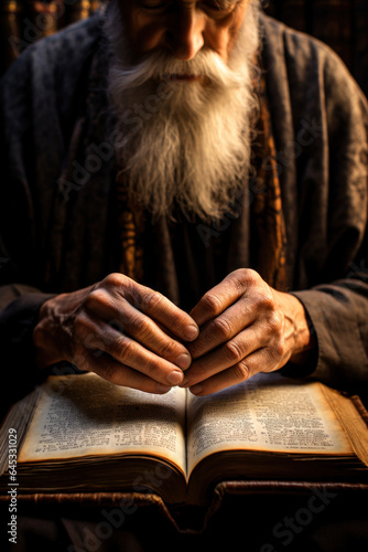 An elderly man with white beard with his hands on top of a Bible praying and studying the holy scriptures Generative AI Illustration photo