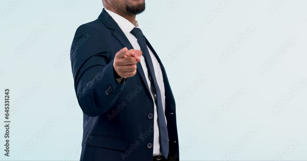 Business, man and hand pointing in studio for you, choice or recruitment opportunity on white background closeup. We are hiring, decision and male zoom with finger emoji, vote or selection offer