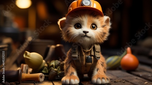 A tiny cute lion,onstruction worker, claymation style