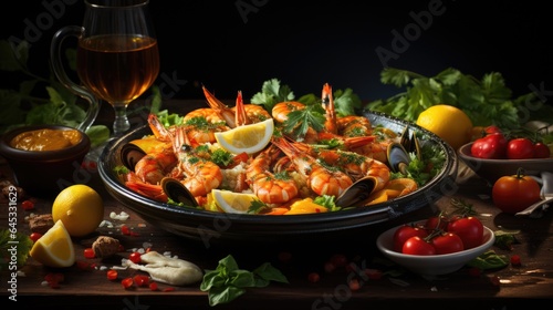 A bowl of gambas al ajillo, shrimp and vegetables on a table with a glass of wine. Fictional image.