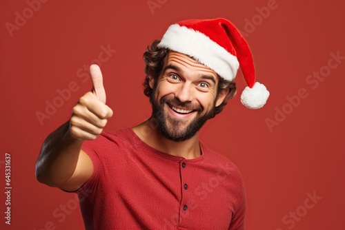 young man dressed in christmas clothes pointing positive with his finger