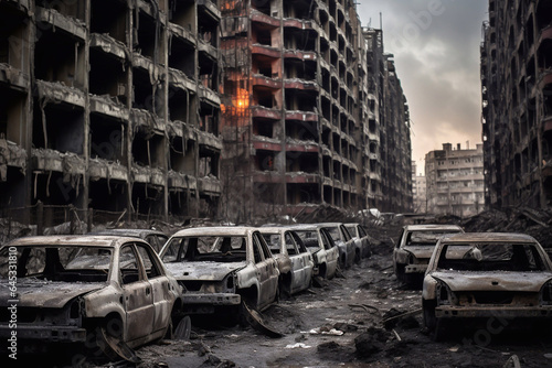 The ruins of a city devastated by war. Flames and destroyed buildings and cars.