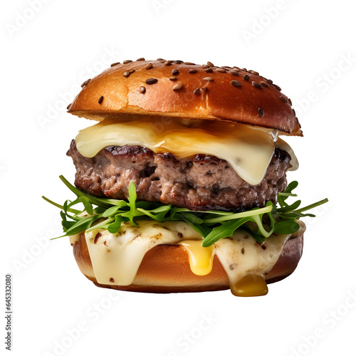 burger à la raclette avec fromage coulant et roquette - fond transaprent