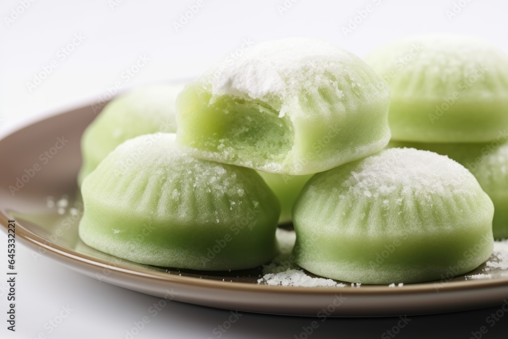 A plate of green tea mochi desserts on a table. Fictional image.
