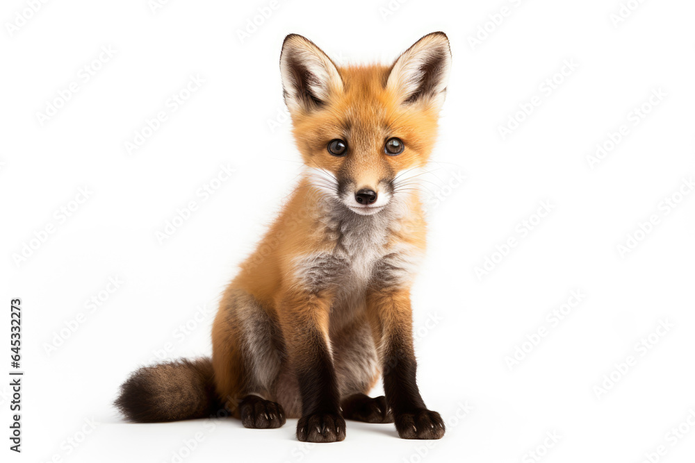 Wild red fox cub on a white background