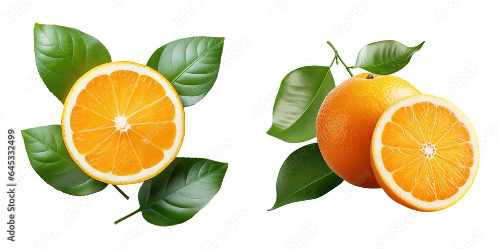 Orange fruit sliced with leaves on a transparent background Orange fruit sliced with leaves on a transparent background