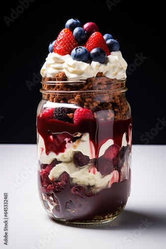 A dessert in a jar with whipped cream and berries. Fictional image. Ice cream sandae. photo