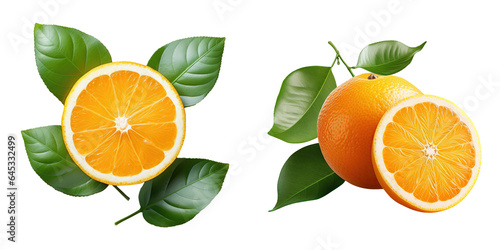 Orange fruit sliced with leaves on a transparent background